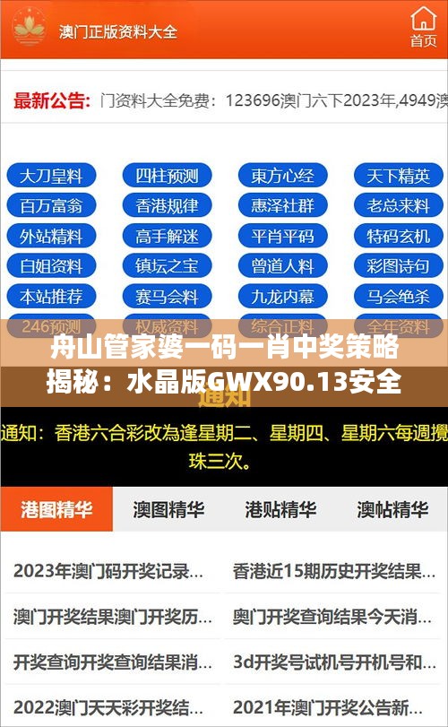 舟山管家婆一码一肖中奖策略揭秘：水晶版GWX90.13安全攻略